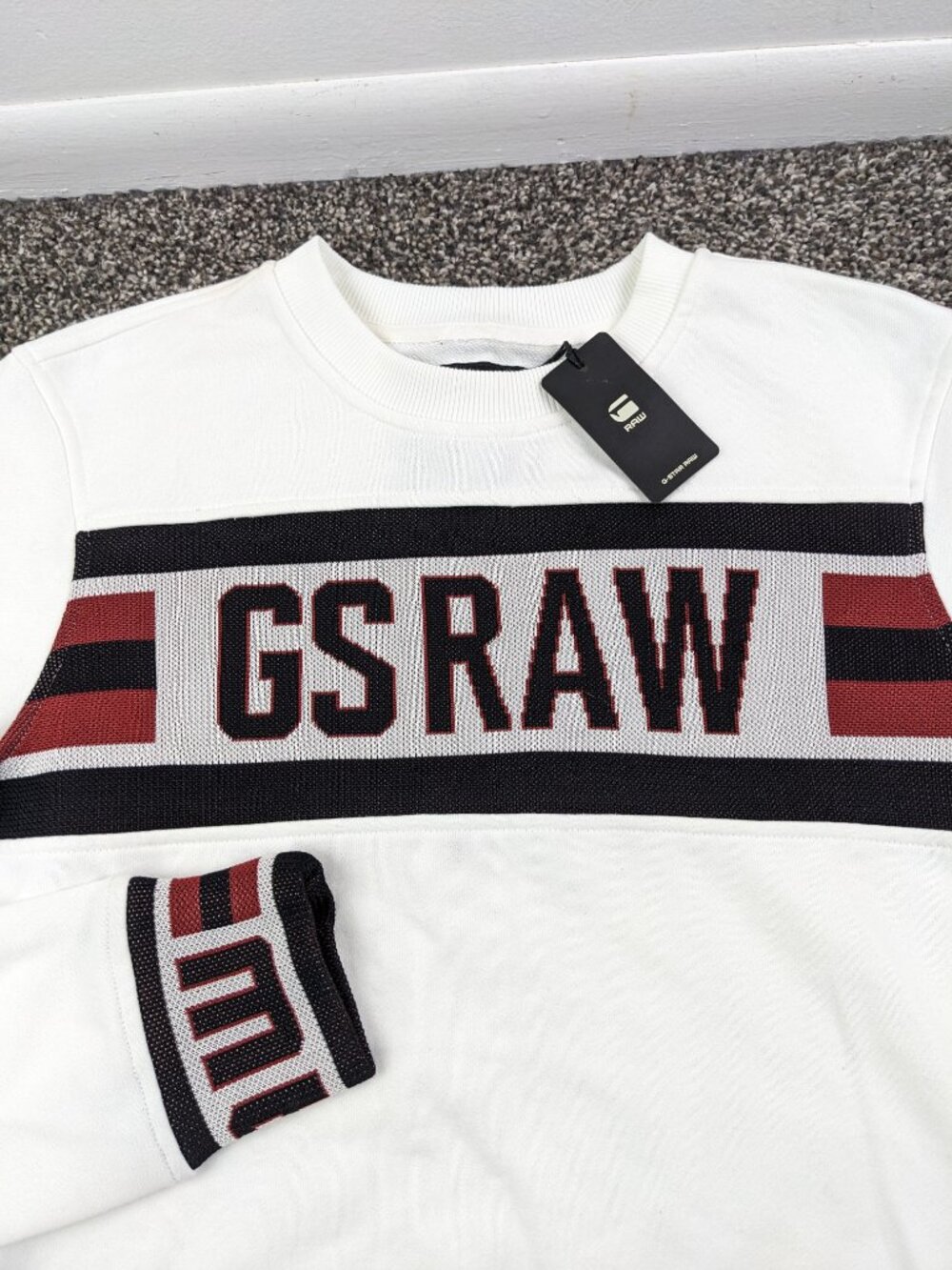 NWT G-Star Raw Sweater Jacquard GSRAW Spellout Off White Mens Small *Flaw